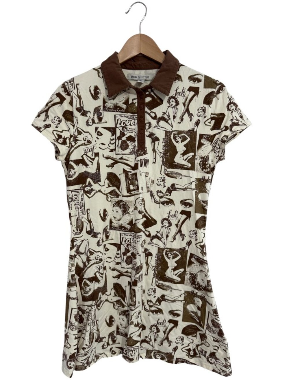 Urban Outfitters Retro Collage Print Polo Mini Dress Cream Brown L